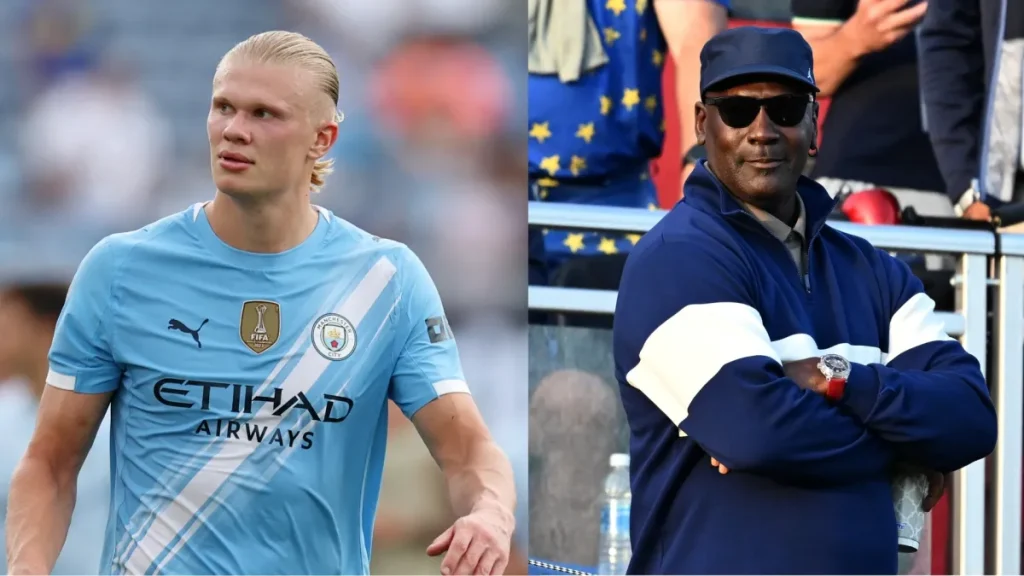 erling haaland poses with michael jordan after epic world cup debut