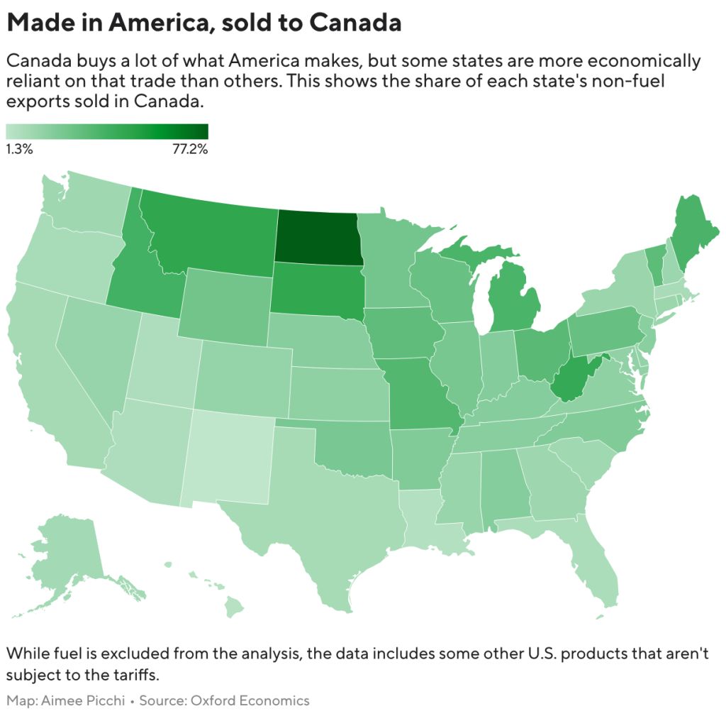 canada’s tariffs target certain u.s. states. see which regions are most vulnerable.