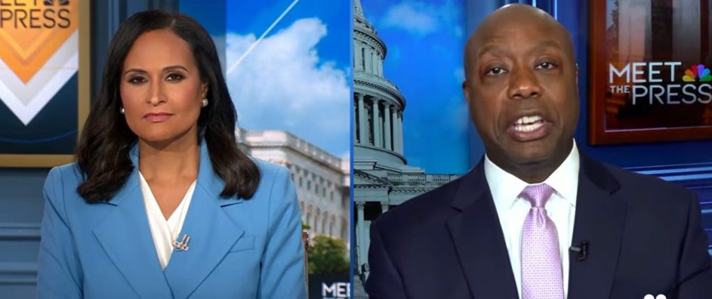 sen. tim scott falls apart while trying to blame biden for trump’s inflation