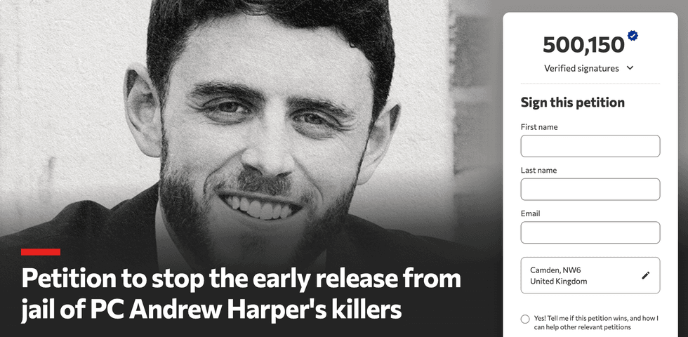 PC Harper petition surpasses 500,000 signature milestone as Britons urge Andy Burnham NOT to release officer’s killers early from prison pc harper petition surpasses 500,000 signature milestone as britons urge andy burnham not to release officer’s killers early from prison